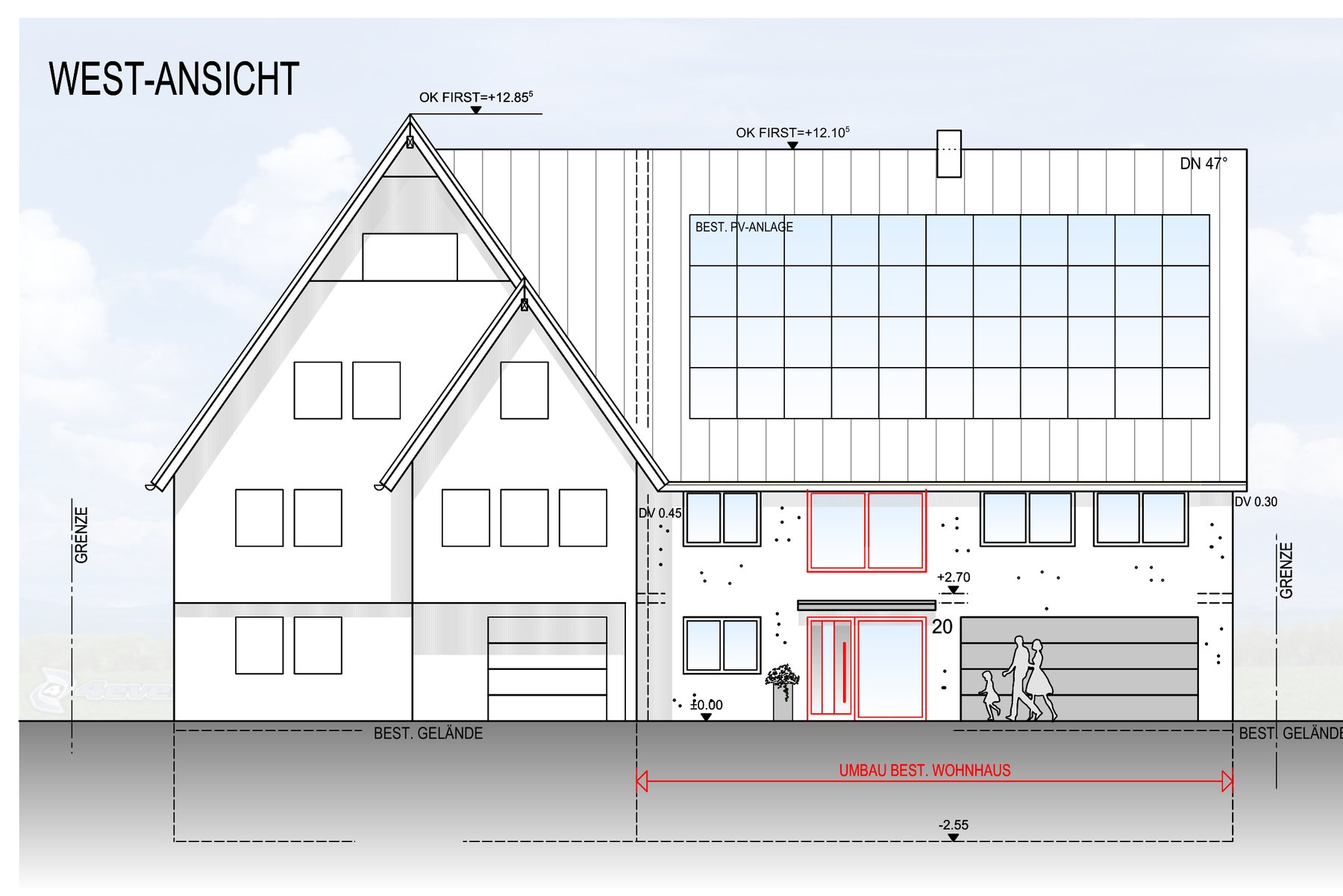Westansicht Fischerstraße 20 Haigerloch-Owingen mit neuer Haustür und Photovoltaikanlage auf dem Dach